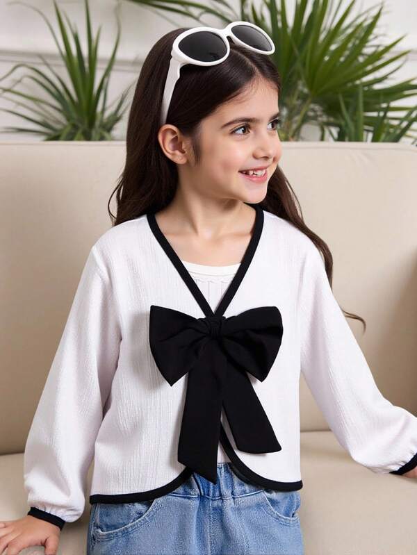Young Girl Bow Decor Long Sleeve Loose Cute Jacket