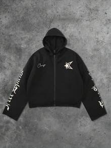 ROMWE MEN Goth 男士字母刺绣拉链连帽卫衣，街头美式风格设计，秋季 - 黑色 - 查看 3