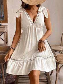 SHEIN Frenchy Linen Holiday Loose Dress Casual Solid Color Spaghetti Strap Dress, Linen Sundress,Suitable For Summer Comfortable And Breathable To Wear Comfortable,Vacation Casual Solid Color Lace Spliced Shoulder Strap Ribbon Decoration Sleeveless Dress Beach - Apricot - View 4