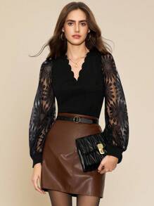 Amorya Women's Elegant V-Neck Seashell Burnout Lace Patchwork Slim Fit Shirt, Fashionable Top To Wear Alone Black Top Black Long Sleeve Top Chic Autumn - Black - View 6