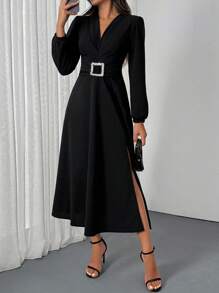 EURMUSE Vestido largo y elegante de mujer con pliegues y cinturón - Negro - Ver 1