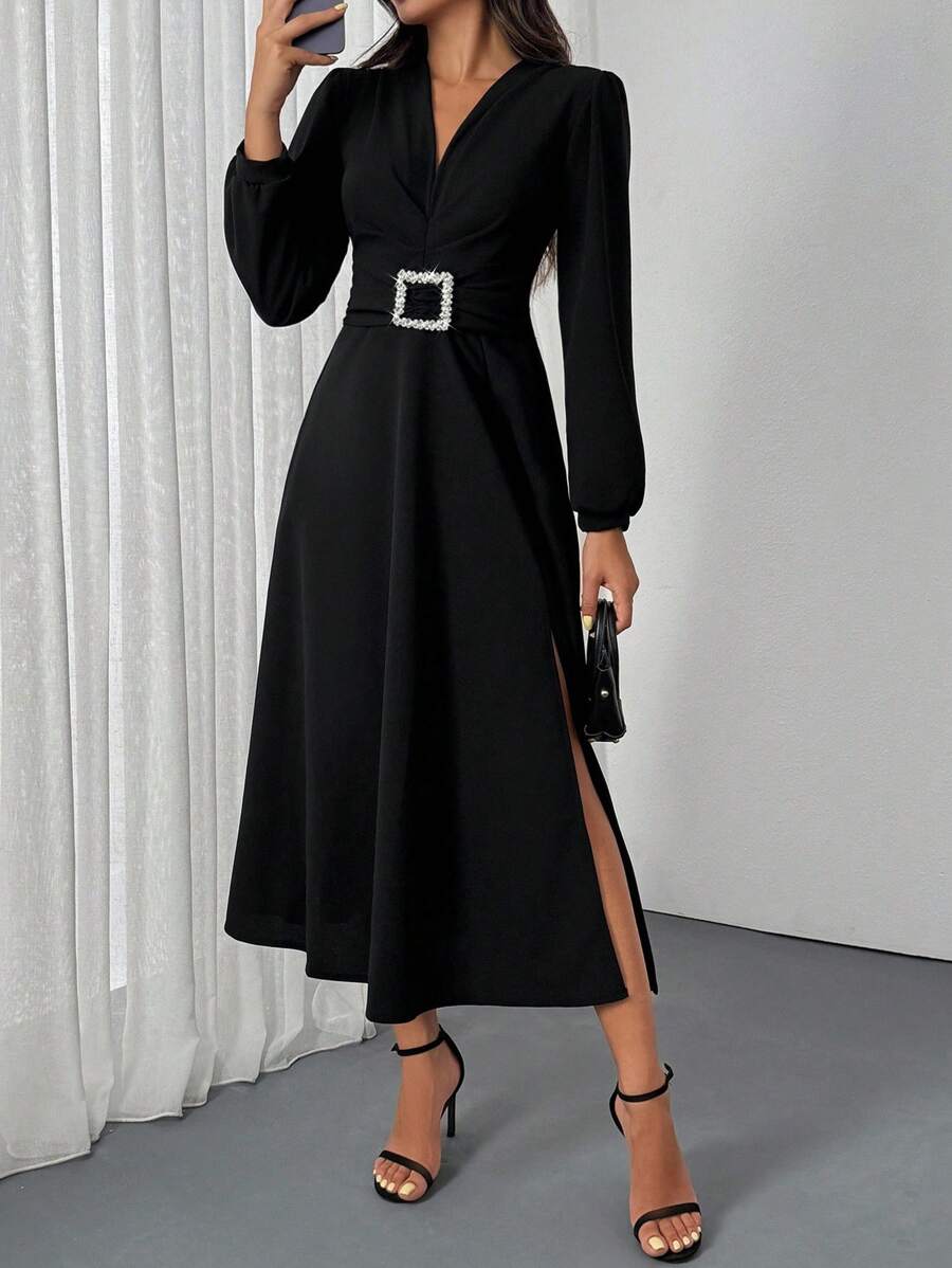 EURMUSE Vestido largo y elegante de mujer con pliegues y cinturón - Negro - Ver 1