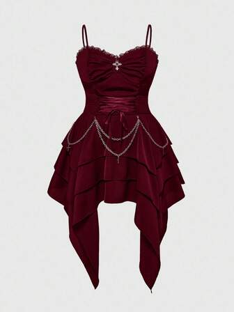 Goth Vestido de mujer de talla grande con cadena metálica vintage gótica, lazo desmontable en la cintura y bajo asimétrico