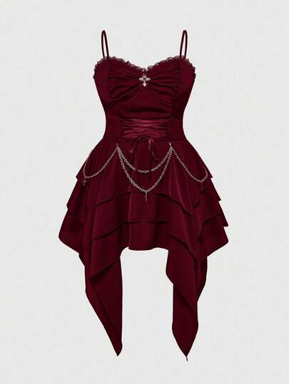 Goth Abito da donna con catena in metallo vintage, stile gotico, con cintura in vita staccabile e orlo asimmetrico, taglie comode