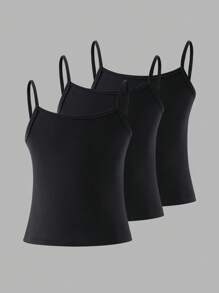 Sparklyn 3 件套 Tween Girl 黑色细肩带，柔软面料，简约时尚风格，适合外套或分层穿着，适合日常场合，展现甜美优雅 - 黑色 - 查看 2