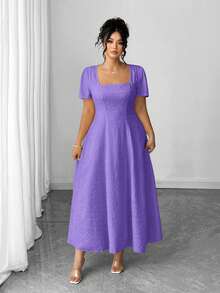 Elenzga Plus Size Women's Elegant French Style Square Neck Short Sleeve Dress, Suitable For Commuting - Purple - View 3