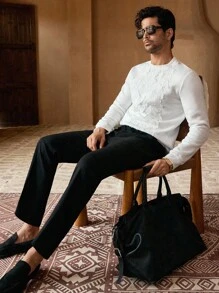 HIMLAND Men's Elastic Casual Knit Floral Lace Trim Crew Neck Pullover Sweatshirt, For Fall Winter