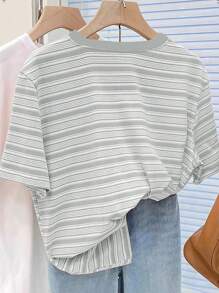 大码女装T恤/蝴蝶结图案印花/粉色/条纹格子时尚大码T恤/刺绣工艺/女士休闲超宽松圆领上衣/春夏 - 彩色 - 查看 2