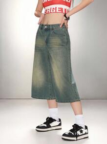 SHEIN ICON Women's Casual Loose Denim Wide-Leg 7/8 Length Jeans, Blue, Western Wear Women