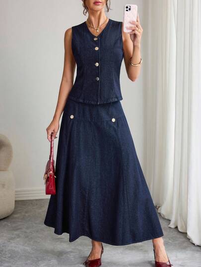 Elenzga 中腰原色纽扣装饰喇叭水洗牛仔裙