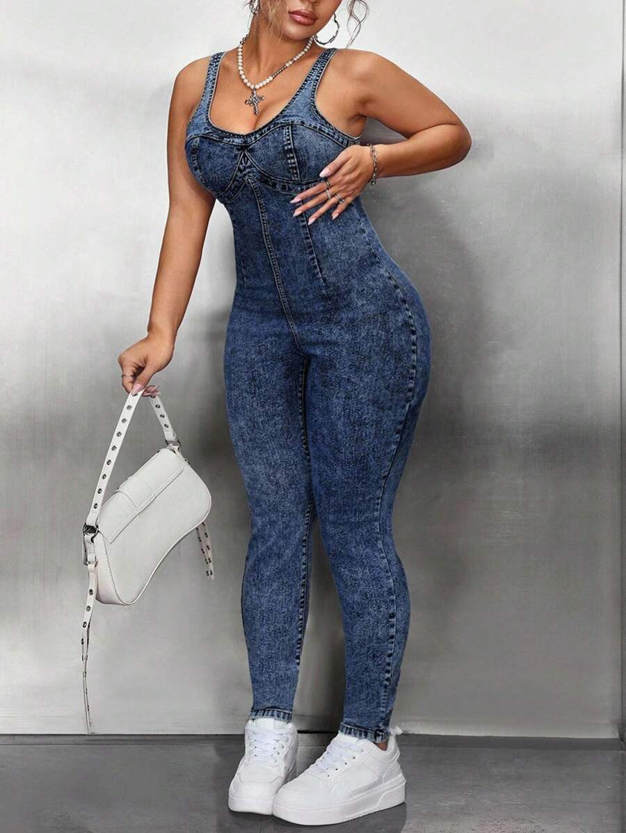 SHEIN ICON 大码女式紧身休闲百搭牛仔连体裤 - 藍色 - 查看 1