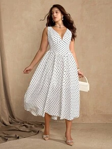 Flirla Polka Punkt Muster ärmelloses Lässig Kleid in Große Größen