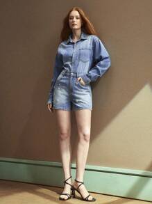 Selenza 2 件套女式牛仔套装，长袖上衣和阔腿短裤，夏季新款时尚水钻和珍珠花朵设计 - 藍色 - 查看 6