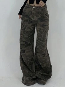Dazy Tall 女款大尺碼迷彩印花寬鬆工裝貨物褲/牛仔褲，適合高個女性 - 軍綠色 - 查看 7