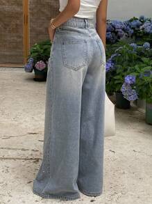 DAZY Quần Jeans Ống Rộng Trang Trí Đính Đá Pha Lê Thời Trang Thường Ngày Cho Nữ - Rửa nhẹ - Xem 4