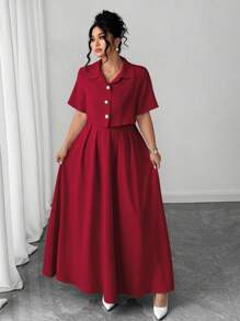 Elenzga 大码优雅女装时尚百搭文艺优雅淑女两件套：短袖夹克 + 长裙，适合夏季、返校、毕业典礼、节日、情人节、音乐节、母亲节、万圣节、感恩节、复活节、国庆节、舞会、约会、派对、郊游 - 紅色 - 查看 7