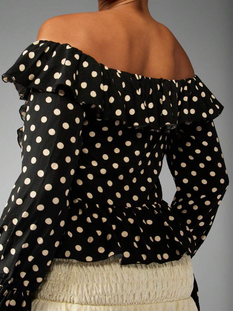 MISSGUIDED Blusa con hombros descubiertos, volantes y lunares, con mangas acampanadas, estilo campesino, para uso en fiestas, eventos y verano, con diseño de cierre delantero con lazo