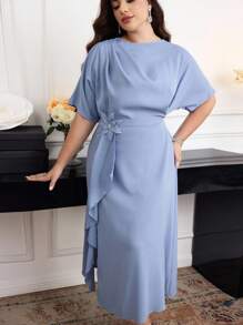 Modelyn Plus Size Women 3D Floral Decor Ruffle Hem Split Romantic Dress - Blue - View 2