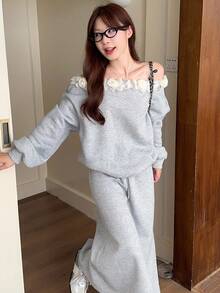 DAZY Women's Casual Ruffled Shoulder & Skirt 2 Pieces Set, Spring/Autumn Off Shoulder Top - Grey - View 6
