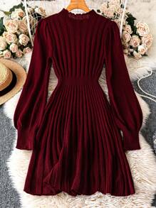 Franclia Mock Neck Lantern Sleeve Cable Knit Sweater Dress Fall Winter Cloth For Women - Burgundy - View 2
