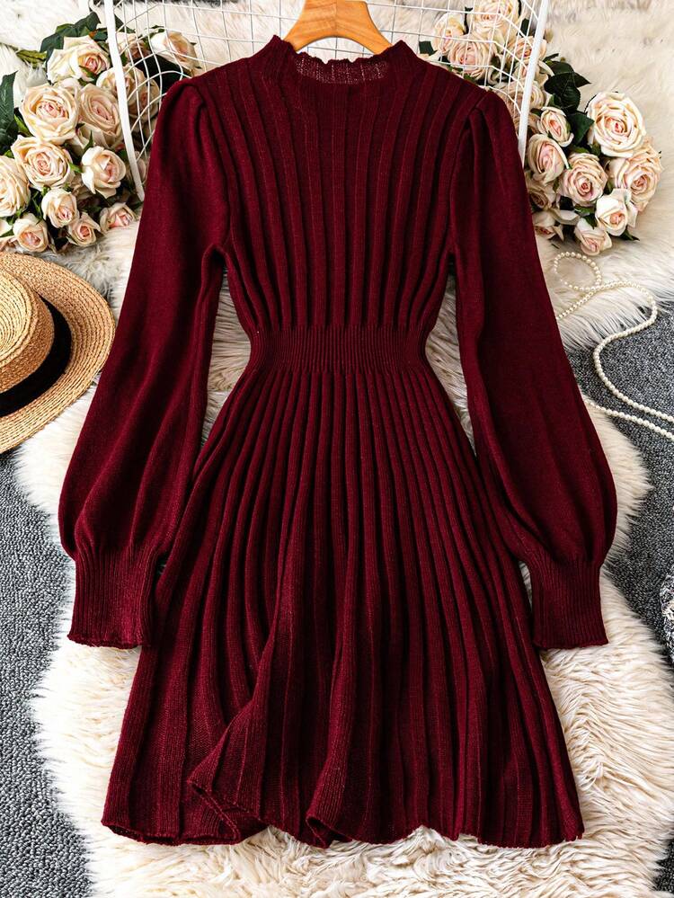 Mock Neck Lantern Sleeve Cable Knit Sweater Dress Fall Winter Cloth For Women
