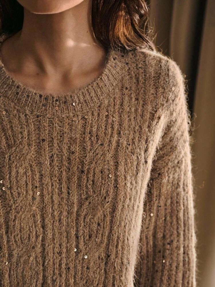 AUTUMN/WINTER ELEGANT SEQUIN KNITTED ROUND NECK SWEATER