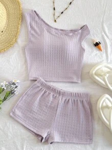 SHEIN Bộ 2 món đồ thường ngày cho bé gái tuổi mới lớn: Áo len dệt kim lệch vai có họa tiết và quần short ôm sát, thích hợp cho tiệc tùng, bãi biển, du ngoạn, lễ hội, mùa hè - Màu tím hoa cà - Xem 1