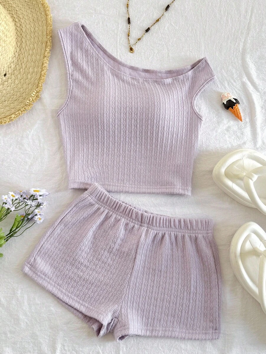 SHEIN Bộ 2 món đồ thường ngày cho bé gái tuổi mới lớn: Áo len dệt kim lệch vai có họa tiết và quần short ôm sát, thích hợp cho tiệc tùng, bãi biển, du ngoạn, lễ hội, mùa hè - Màu tím hoa cà - Xem 1