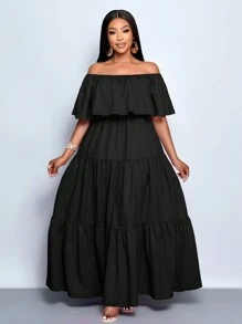 SOLERSUN 大码女式露肩褶领三段褶裙宽松长裙，情人节、丘比特、浪漫、玫瑰、约会、音乐节 - 黑色 - 查看 2