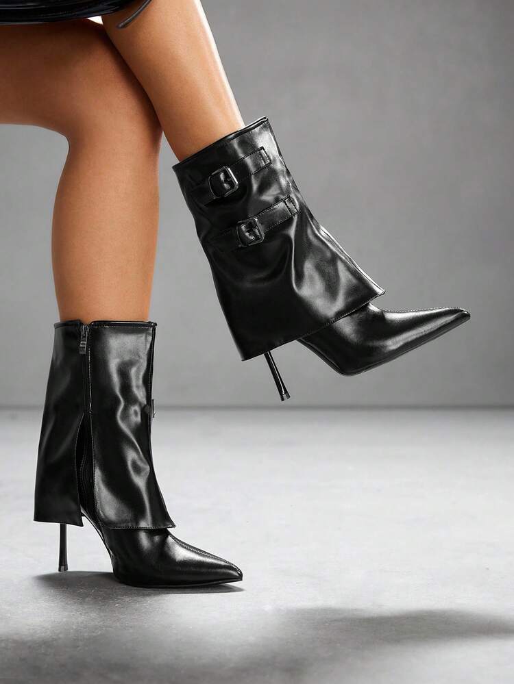 CUCCOO SZL Black Fashion High Heel Mid-Calf Boots For Women