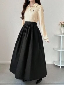 FRIFUL Đầm dài thường ngày họa tiết chắp vá màu đen trơn tương phản, cổ áo vải họa tiết, eo rộng rãi, đa năng, thu/đông - Màu be - Xem 5