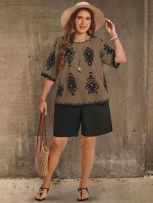 EMERY ROSE Plus Size Women Floral Print Short Sleeve Shirt And Shorts Casual Loose 2 Pieces Set Bohemian Fall Clothes For Women