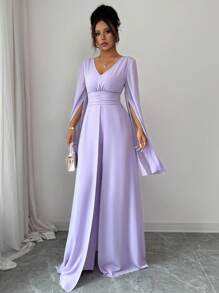 Rafferiza 紫色时尚简约优雅 V 领褶皱网眼灯笼袖女式春夏连体裤，搭配同色飘逸网眼装饰设计新颖女士连体裤 - 淡紫色 - 查看 6