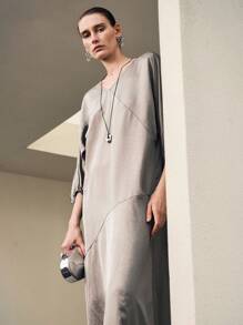 Uhlyne 女士休闲度假通勤纯色 V 领宽松弹力七分袖连衣裙，秋季 - 灰色 - 查看 7