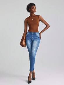 SHEIN Frenchy Women's Rhinestone Embellished Skinny Fit Denim Jeans - Blue - View 5