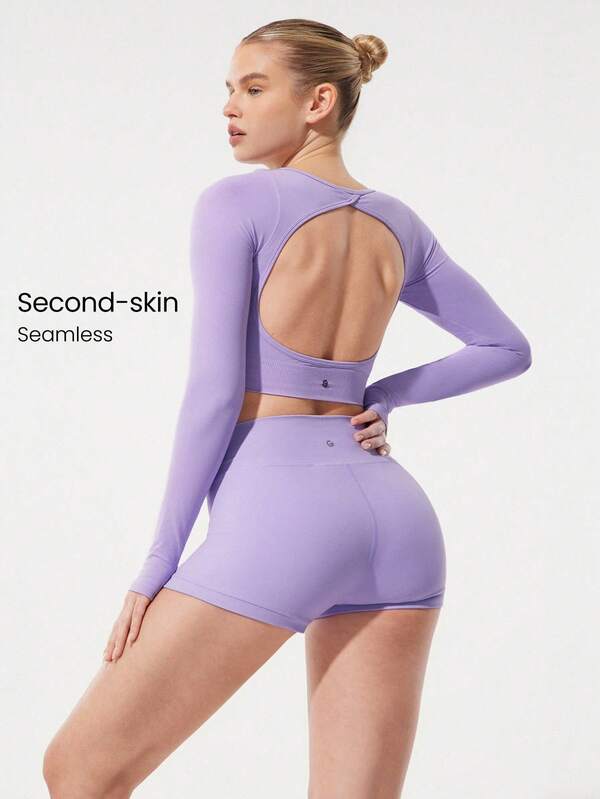 GLOWMODE Top de manga larga corto con cuello de escote redondo, espalda abierta cruzada y agujeros para los pulgares, sin costuras, de segunda piel, para yoga, pilates, uso diario casual, con copas desmontables y de bajo impacto