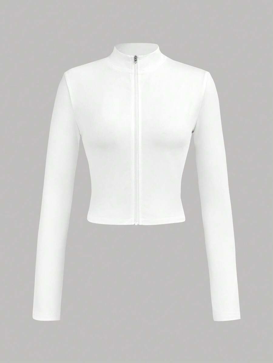 SHEIN Girlism Teen Girls Casual Elastic Half-Zip V-Neck Snug Fit Long Sleeve Tee, Basic Essential Autumn Winter Outerwear Fall - White - View 1