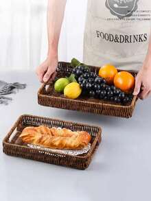 SHEIN 3PCS/2PCS/1PC 复古编织托盘带手柄，面包篮，零食、蔬菜、水果、甜点储物篮，适用于桌面、客厅、阳台、野餐、家居收纳和装饰性收纳托盘 - 咖啡棕 - 查看 4