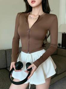 DAZY 女式圆领休闲街头风格修身短款夹克秋冬 - 棕色 - 查看 2