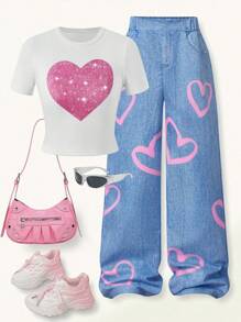 SHEIN 2pcs/Set Teen Girl Summer Casual Chic Heart Pattern T-Shirt & Heart Print Wide Leg Pants Set Spring/Summer/Autumn, Vacation & Daily Wear Youth Girls Clothes