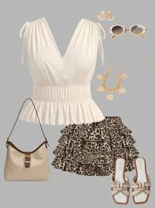 SHEIN MOD 加大码杏色优雅V领纹理针织毛衣，短款上衣。加大码荷叶边上衣。加大码奶油色上衣。加大码褶皱上衣。适合返校季、万圣节装扮