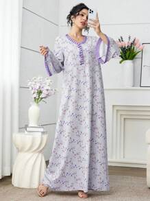 Yasmyna 女士浪漫碎花褶皱拼接朴素优雅度假土耳其和阿拉伯传统长裙 - 彩色 - 查看 8