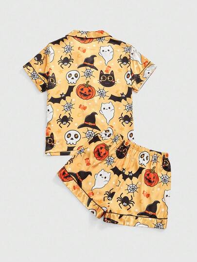 Kawaii Dark Halloween Cat, Ghost, Bat, Spider Web, Pumpkin All-Over Print Polo Collar Short Sleeve & Shorts Casual Women Pajama Set