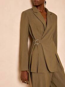 Zivah 2025新款秋冬休闲优雅通勤日常约会上班族翻领长袖腰部可调节腰带装饰宽松卡其色正装西装外套+西裤阔腿裤长裤卡其色女装套装-西装套装女 - 棕色 - 查看 9