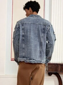 SWAVVY Men's Fashion Washed Distressed Frayed Denim Jacket, Emo Style - Blue - View 2