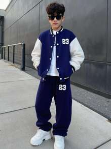 Tween Boys Navy Blue Baseball Jacket,Hoodie & Pants Set,Casual Back-To-School Uniform,Soft Fabric Comfortable Autumn Stylish Outfit For School Wear - Blue - View 4
