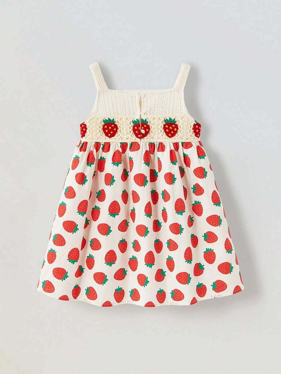 Maija Kids Maija Kids Sweet Little Girl's Sleeveless Strawberry Dress Featuring A Unique Knit Square Neck Top And Flared Short Skirt. This Charming Polyester Dress Is Ideal For Summer Playdates And Celebrations.