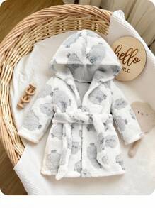 SHEIN 新生女婴可爱毛茸茸卡通图案睡衣，秋冬 - 灰色 - 查看 1