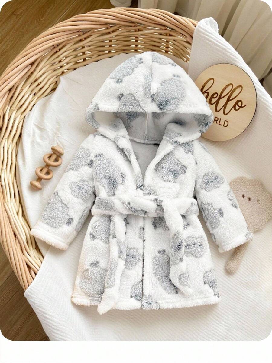 SHEIN 新生女婴可爱毛茸茸卡通图案睡衣，秋冬 - 灰色 - 查看 1