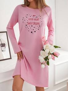 EURMUSE PLUS Women Contrast Colour Lettered Round Neck Long Sleeve Homewear Pajama Dress - Pink - View 5